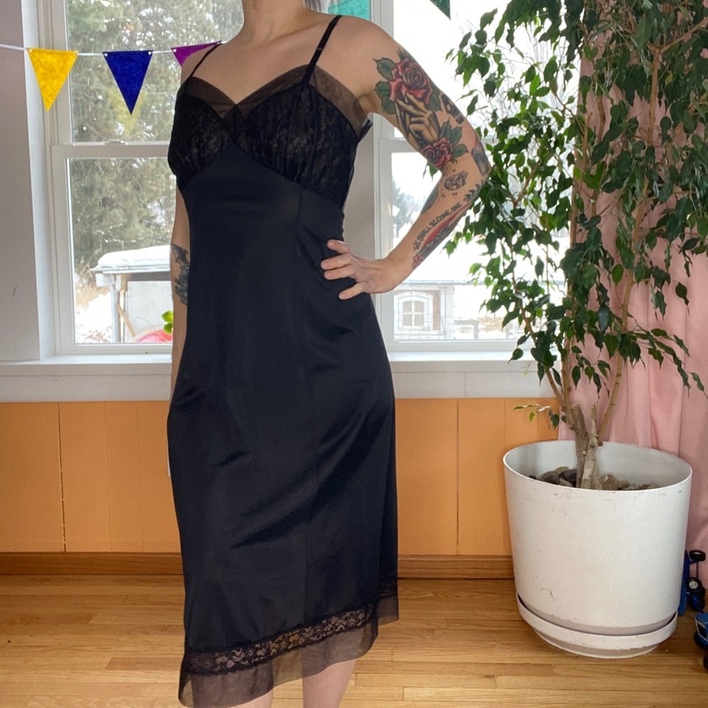Vintage black nightgown satin and lace Pinup